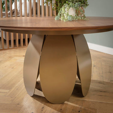 Quatropi Modern Round Wooden Kitchen Dining Room Table for 6 Seater Walnut & Gold 150cm