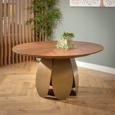 Quatropi Modern Round Wooden Kitchen Dining Room Table for 6 Seater Walnut & Gold 150cm