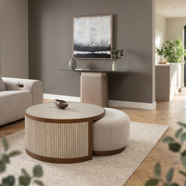 Quatropi Modern Shagreen Round Nesting Coffee Table & Footstool Set Cream 92cm