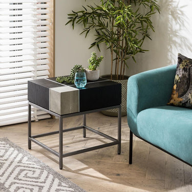 Quatropi Modern Side End Lamp Bedside Table Shagreen Black Oak Metal 55x50cm