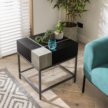 Quatropi Modern Side End Lamp Bedside Table Shagreen Black Oak Metal 55x50cm