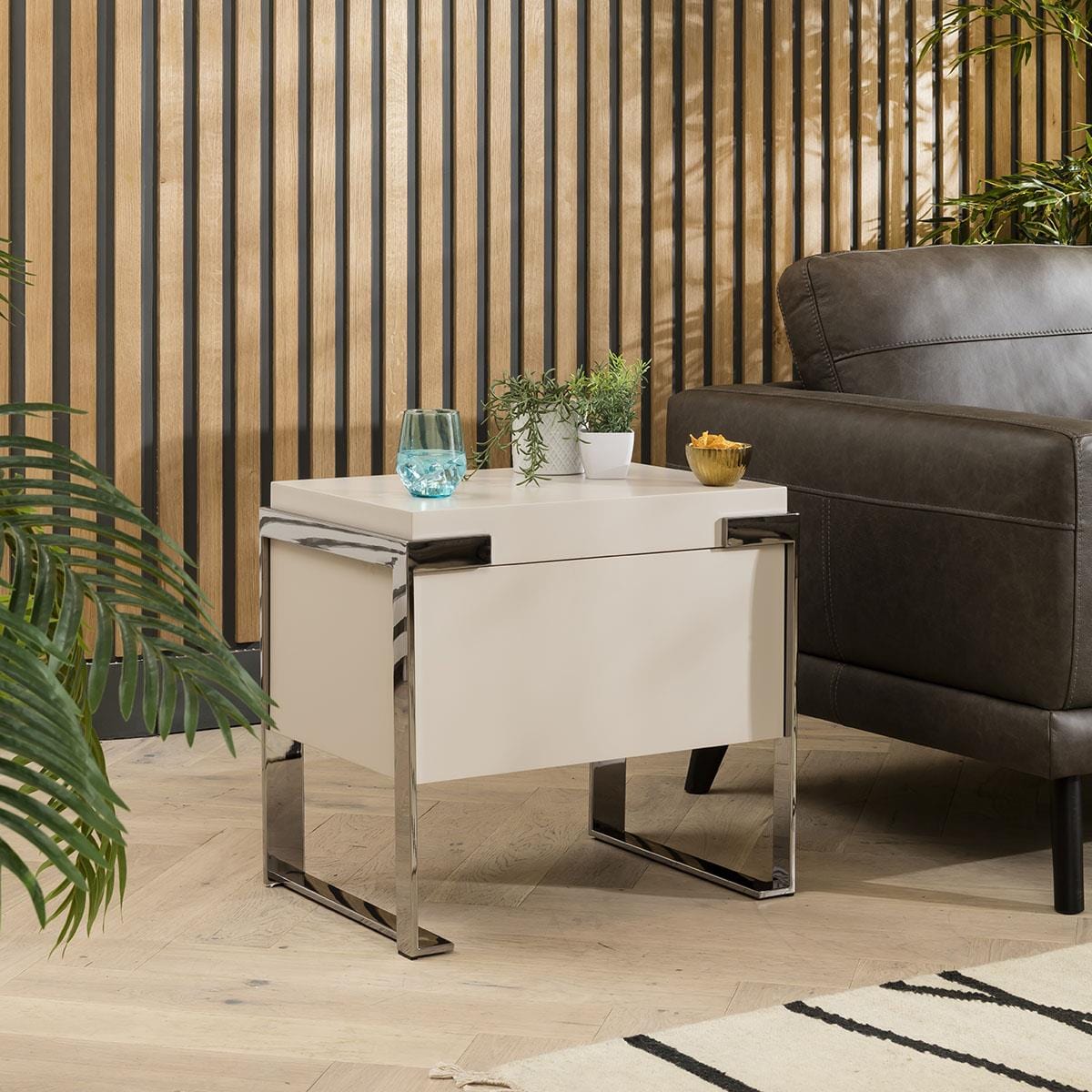 Quatropi Modern Side Table With Drawer - Premium Matte Chalk & Metal Accents 60x42cm