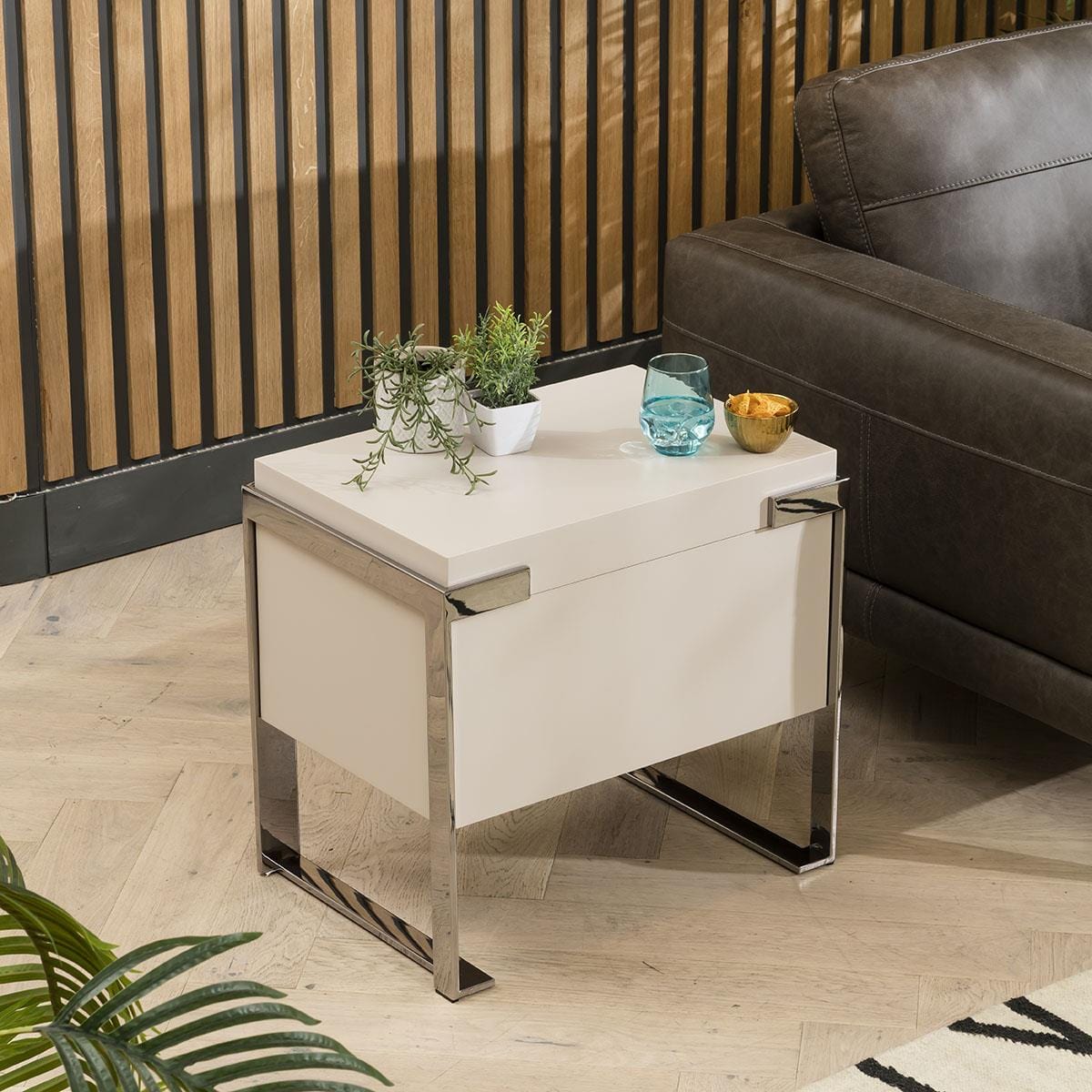 Quatropi Modern Side Table With Drawer - Premium Matte Chalk & Metal Accents 60x42cm