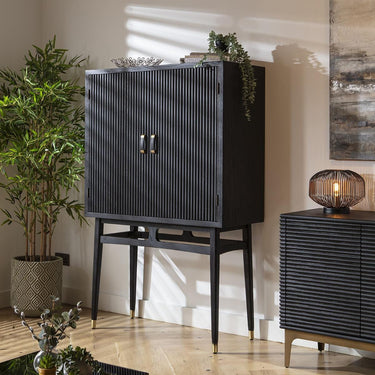 Quatropi Modern Tall Drinks Cabinet Unit Sideboard Fluted Black Oak 104x162cm