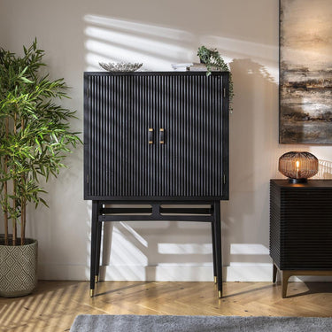 Quatropi Modern Tall Drinks Cabinet Unit Sideboard Fluted Black Oak 104x162cm