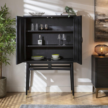 Quatropi Modern Tall Drinks Cabinet Unit Sideboard Fluted Black Oak 104x162cm