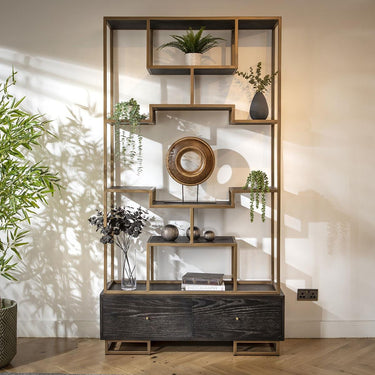 Quatropi Modern Tall Shelving Unit Display Case Black Oak Brass 120cm x 220cm