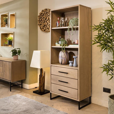 Quatropi Modern Tall Solid Wood Bookcase Shelving Unit With Drawers Natural 190cm