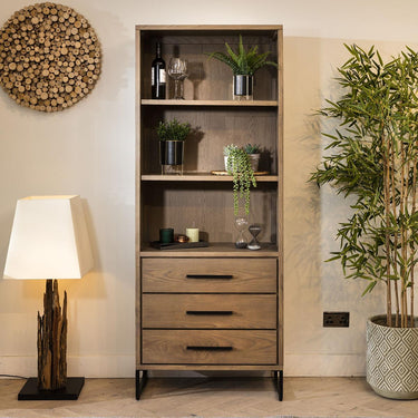 Quatropi Modern Tall Solid Wood Bookcase Shelving Unit With Drawers Stained 190cm