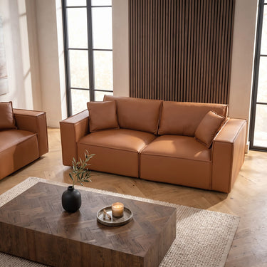 Quatropi Modern Tan Leather 2 Seater and 3 Seater Sofa Settee Couch Set