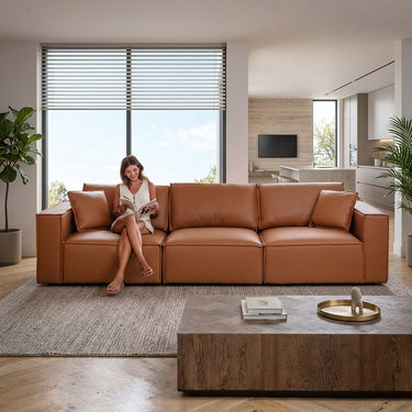 Quatropi Modern Tan Leather 2 Seater and 3 Seater Sofa Settee Couch Set