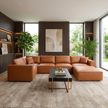 Quatropi Modern Tan Leather Corner Sofa 5 Seater Modular Settee 374x208cm
