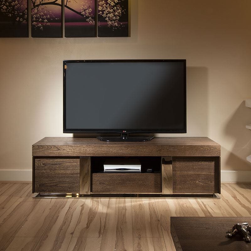 Quatropi Modern TV Stand / Cabinet / Unit Large 1.6 mtr Elm Wood & Stainless