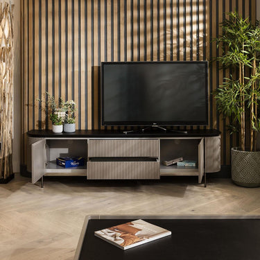 Quatropi Modern TV Stand Unit Matte Taupe & Black Oak Top Large 210cm