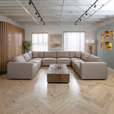 Quatropi Modern U-Shape Corner Sofa Beige Leather 8 Seater Cinema Settee
