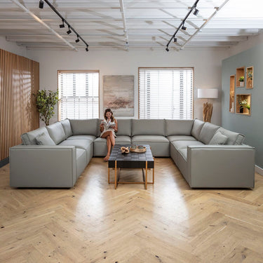 Quatropi Modern U-Shape Corner Sofa Grey Leather 8 Seater Cinema Settee