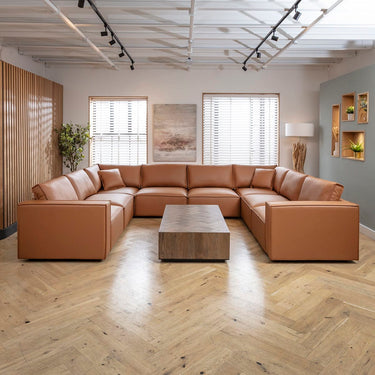 Quatropi Modern U-Shape Corner Sofa Tan Leather 8 Seater Cinema Settee