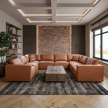 Quatropi Modern U-Shape Corner Sofa Tan Leather 8 Seater Cinema Settee