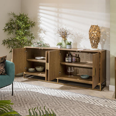 Quatropi Modern Wood 4 Door Sideboard Console Buffet Oak & Gold Metal Brown 214cm