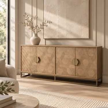 Quatropi Modern Wood 4 Door Sideboard Console Buffet Oak & Gold Metal Brown 214cm