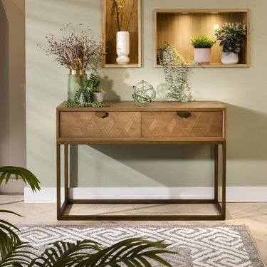 Quatropi Modern Wood Console Entrance Hallway Table Oak & Gold Metal Brown 108cm