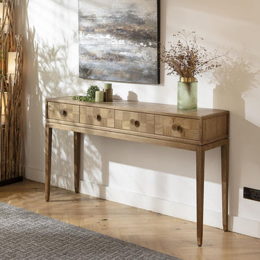Quatropi Modern Wooden Hallway Console Table with Drawers Oak Brass 160cm x 40cm