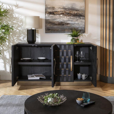 Quatropi Modern Woven Mid Century Black Oak Sideboard Buffet Cabinet 160cm