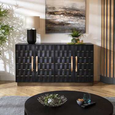 Quatropi Modern Woven Mid Century Black Oak Sideboard Buffet Cabinet 160cm
