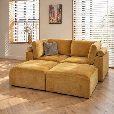 Quatropi Modular 2 Seater Modern Sectional Sofa Couch Yellow Fabric with 2 Footstools Sofabed