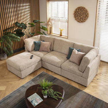 Quatropi Modular 3 Seater Modern Sofa Chaise Couch Footstool Beige Boucle Fabric