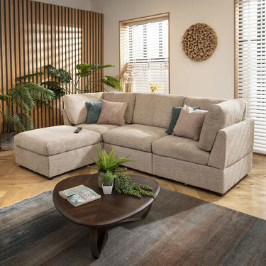 Quatropi Modular 3 Seater Modern Sofa Chaise Couch Footstool Beige Boucle Fabric