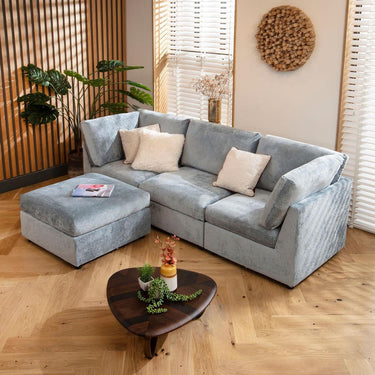 Quatropi Modular 3 Seater Modern Sofa Chaise Couch Footstool Blue Fabric