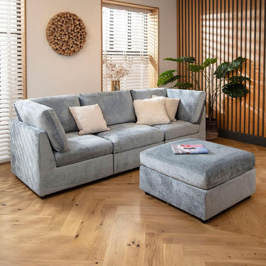 Quatropi Modular 3 Seater Modern Sofa Chaise Couch Footstool Blue Fabric