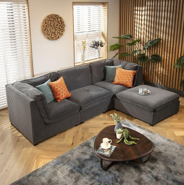 Quatropi Modular 3 Seater Modern Sofa Chaise Couch Footstool Grey Velvet Fabric