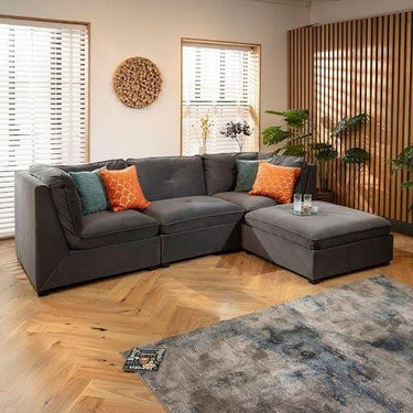 Quatropi Modular 3 Seater Modern Sofa Chaise Couch Footstool Grey Velvet Fabric