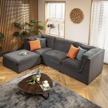 Quatropi Modular 3 Seater Modern Sofa Chaise Couch Footstool Grey Velvet Fabric