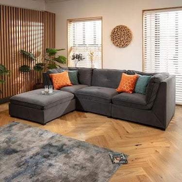 Quatropi Modular 3 Seater Modern Sofa Chaise Couch Footstool Grey Velvet Fabric