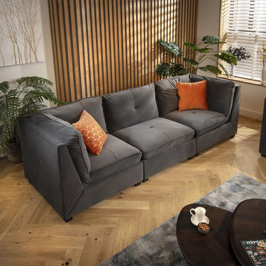 Quatropi Modular 3 Seater Small Modern Sofa Couch Sectional Grey Velvet Fabric