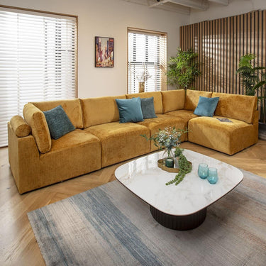 Quatropi Modular Corner Sofa 6 Seater Modern L Shape Couch Set Mustard Fabric