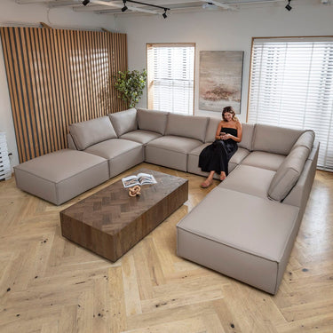 Quatropi Modular Leather U-Shape Sofa 6 Seater Beige Cinema Couch 374x285cm