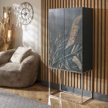 Quatropi Monty Hand-Carved Tall Decorative Bar Storage Cabinet Green 80x180cm