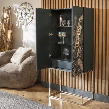 Quatropi Monty Hand-Carved Tall Decorative Bar Storage Cabinet Green 80x180cm