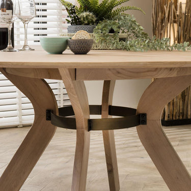 Quatropi Natural Round Wooden Dining Table And 6 Beige Leather Modern Chair Set