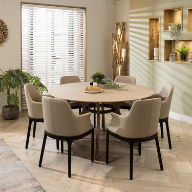 Quatropi Natural Round Wooden Dining Table And 6 Beige Leather Modern Chair Set