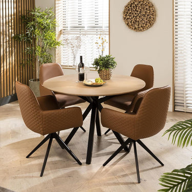 Quatropi Natural Solid Round Wooden Dining Table And 4 Chairs Set Tan 120cm