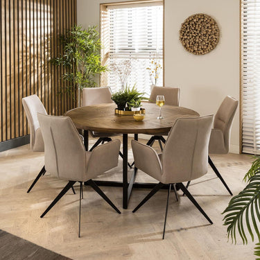 Quatropi Nova 6 Seater Round Solid Wood Herringbone Dining Set Mink