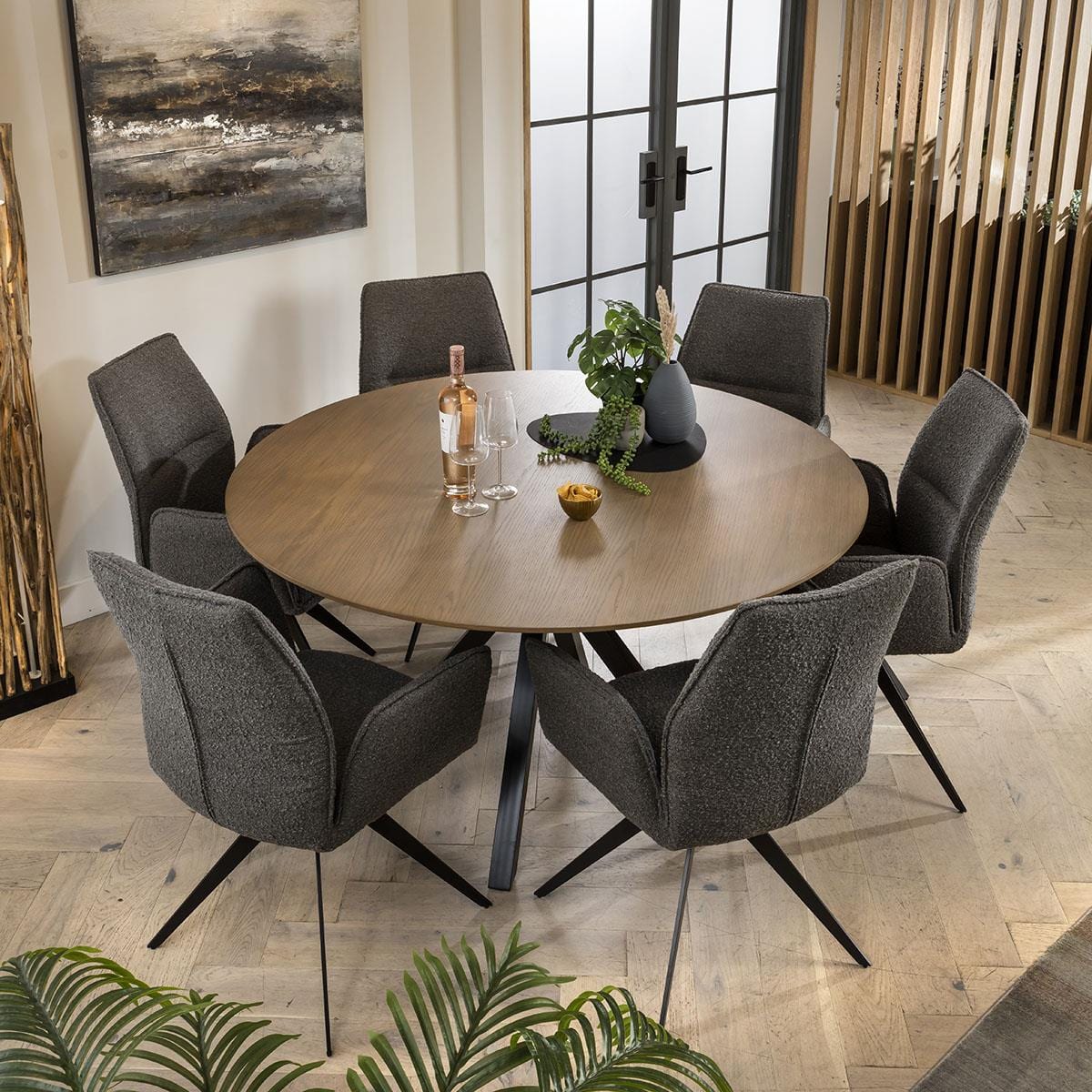 Quatropi Nova Stained Solid Round Wooden 6 Seater Dining Set Grey