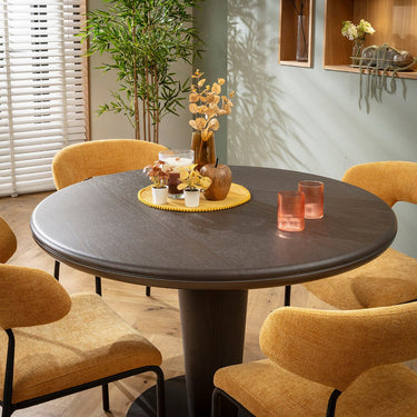 Quatropi Oscar & Pluto Contemporary 4 Seater Round Dining Set Yellow Gold & Grey Oak Wash