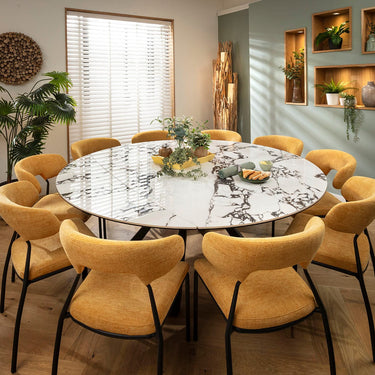Quatropi Oscar & Rudie 10 Seater Round Extendable Dining Set Yellow Gold & Black-Veined White Ceramic