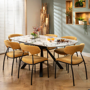 Quatropi Oscar & Rudie 6 Seater Round Extendable Dining Set Yellow Gold & Black-Veined White Ceramic